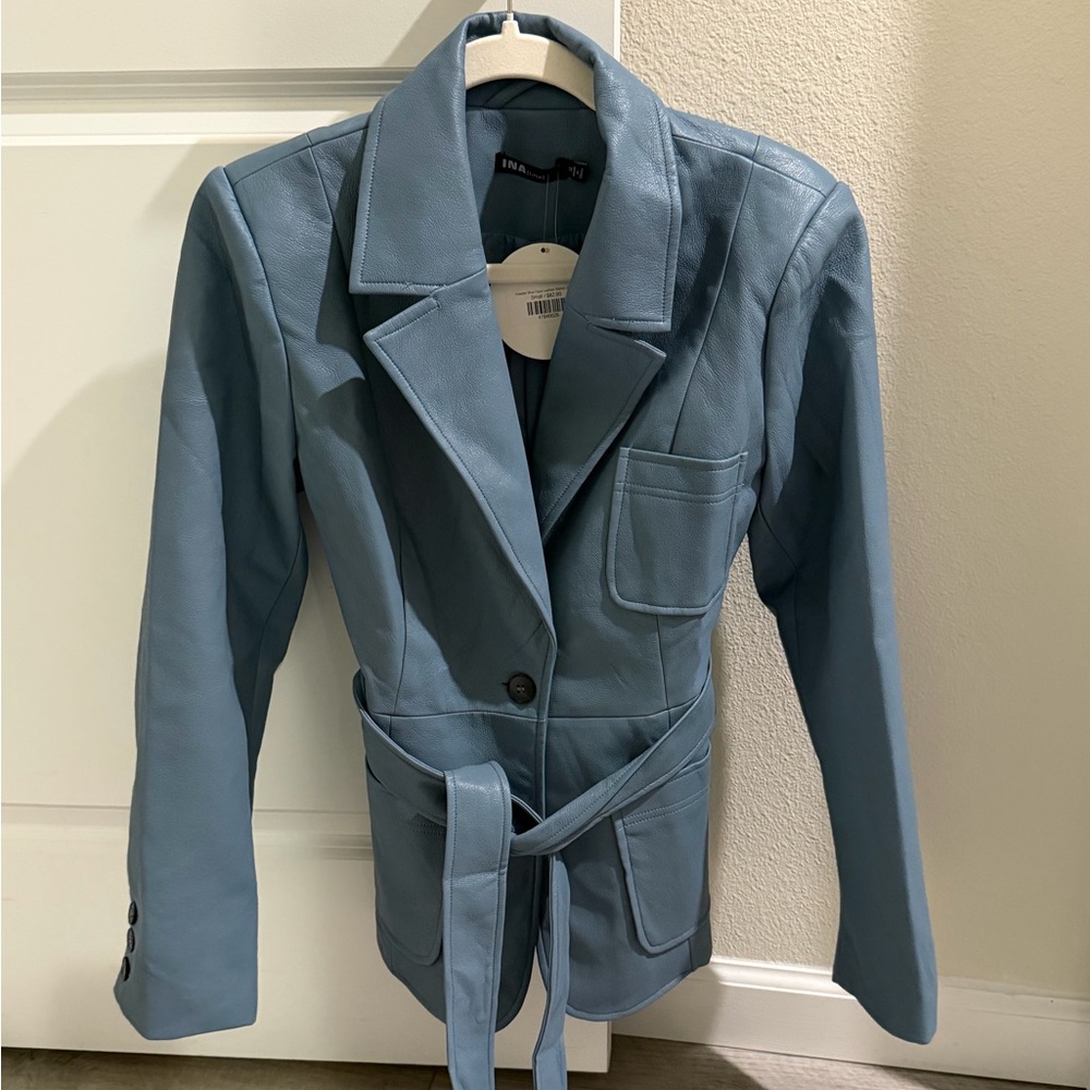 Au Darling Powered Blue Faux Leather Belted Jacket Small New - Picture 6 of 13